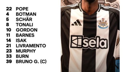 纽卡vs埃弗顿首发：托纳利、伊萨克领衔，阿什利·扬出战